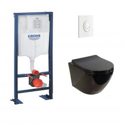 Pack WC Grohe Rapid SL + Cuvette sans bride KELOS Noir Brillant + Plaque Skate Air Blanc