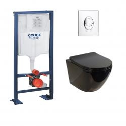 Pack WC Grohe Rapid SL + Cuvette sans bride KELOS Noir Brillant + Plaque Skate Air Chromé