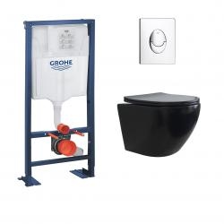 Pack WC Grohe Rapid SL + Cuvette sans bride KELOS Noir Mat + Plaque Skate Air Chromé