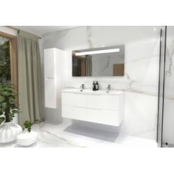 Meuble double vasque LUNA Blanc brillant 120cm avec Miroir Kathy