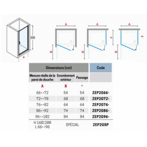 Porte pivotante ZEPHYROS 2.0 G Transparent - Silver - 70cm ZEPHYROS 2.0 G Schéma