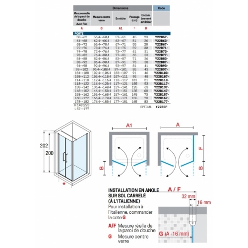 Porte à 2 panneaux battants YOUNG 2B 60cm Transparent Silver YOUNG 2B - Schéma