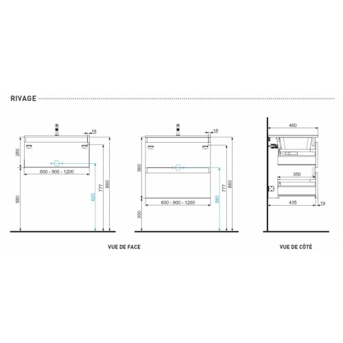 Meuble double vasque 4 tiroirs 120 cm RIVAGE Cristal Blanc Plans Techniques RIVAGE