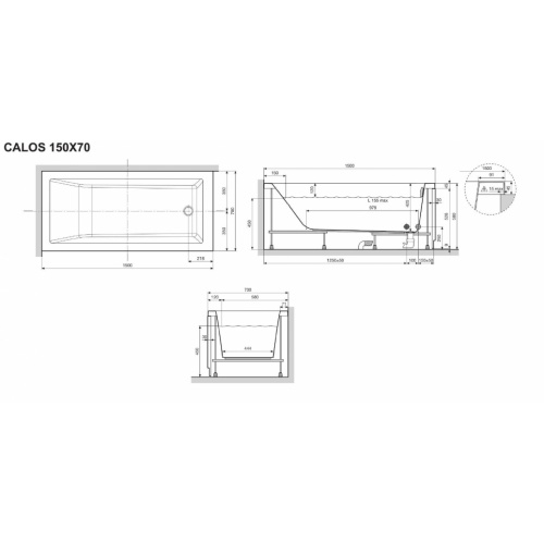 Baignoire CALOS 2.0 - 1 Tablier Frontal - 150x70cm - Blanc Brillant CALOS 150x70 Schéma