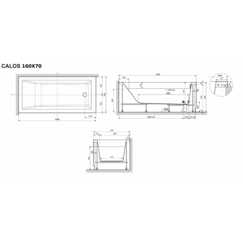 Baignoire CALOS 2.0 - 1 Tablier Frontal - 160x70cm - Blanc Mat CALOS 2.0 160x70 Schéma