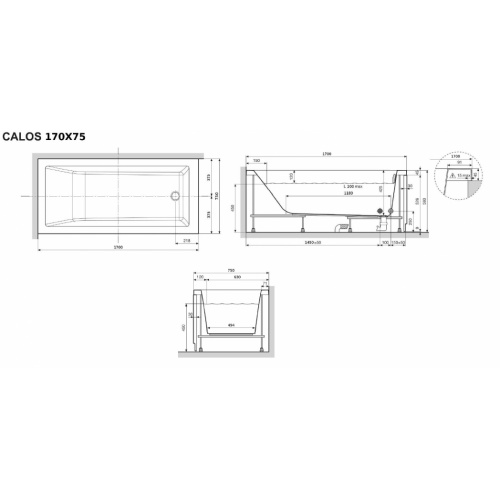 Baignoire CALOS 2.0 SANS tablier - 170x75cm - Blanc Brillant CALOS 2.0 170x75 Schéma