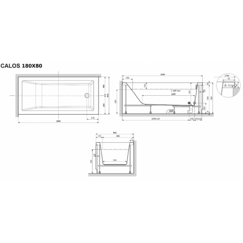 Baignoire CALOS 2.0 SANS tablier - 180x80cm - Blanc Mat CALOS 2.0 180x80 Schéma