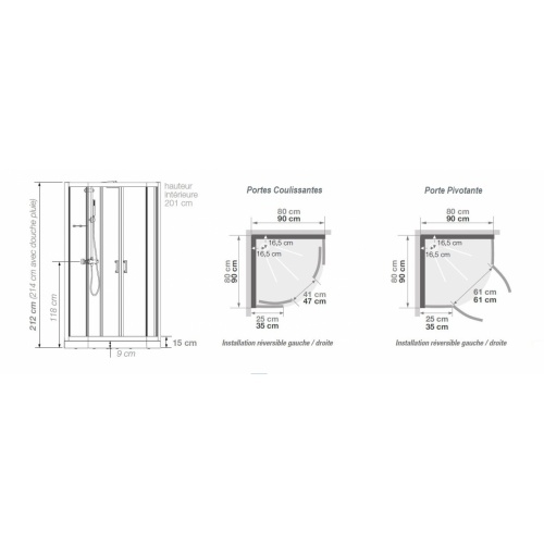 Cabine de douche EDEN R80 faible Hauteur - Porte pivotante - 80x80cm EDEN 1/4 Rond Schéma