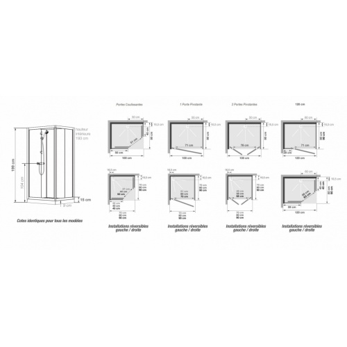 Cabine KINEPRIME GLASS faible hauteur - Coulissante - 70x70cm - Mécanique KINEPRIME Glass 9 cm Schéma