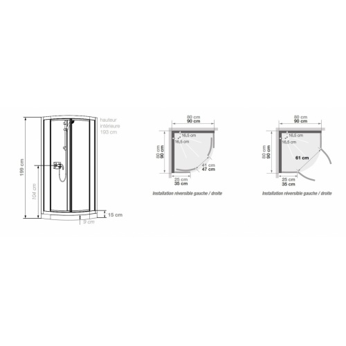 Cabine de douche Kineprime Glass faible hauteur - Coulissante - 1/4 de Rond 80cm KINEPRIME Glass 9 cm 1-4 Rond Schema