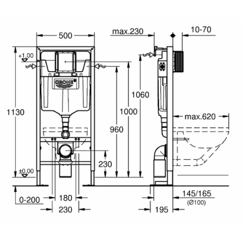 Pack WC Grohe Rapid SL + Cuvette Tesi AquaBlade Ideal Standard + Plaque Chromée Rapid sl schéma côtes