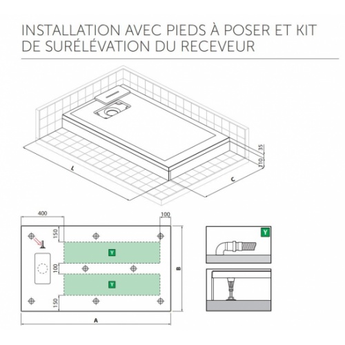 Receveur Extraplat NOVOSOLID Blanc Mat 100x100 cm Novosolid Installation avec Pieds