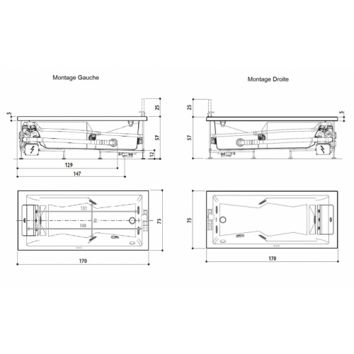 Baignoire Balneo MyWay Jacuzzi gauche 170 x75 avec vidage Myway 170 g côte 2