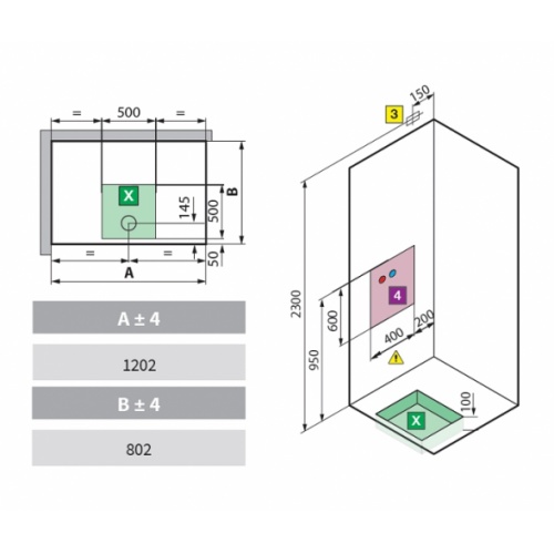 Cabine Eon 2P120x80 Hydromassage Gauche Receveur extra plat Eon schéma pose 2p120x80 gauche extra plat