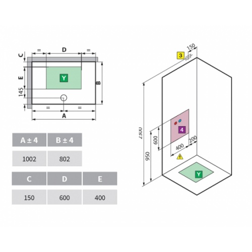 Cabine Eon A100x80 Standard Gauche Receveur 11.5 cm Eon schéma pose a100x80 gauche
