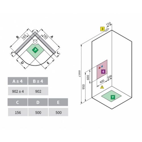 Cabine Eon R90 Standard 1/4 de rond Mitigeur Thermostatique Receveur 11.5 cm Eon schéma pose r90