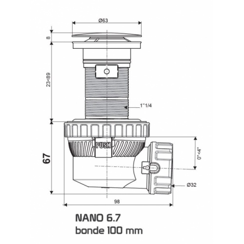 Bonde recoupable et siphon de lavabo ultra compact NANO 6.7* Nano Schéma 