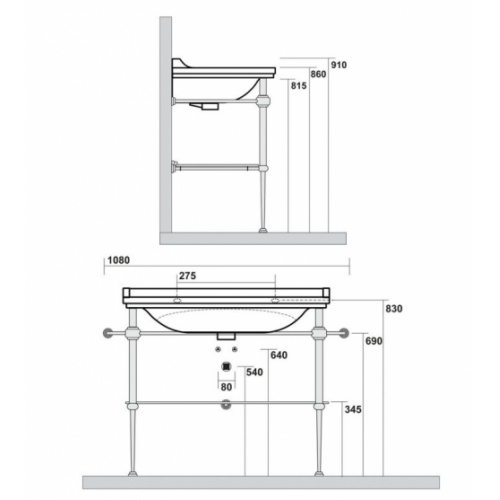 Ens. lavabo rétro 100 cm monotrou + piètement chromé WALDORF Côtes wd1005+wd91951