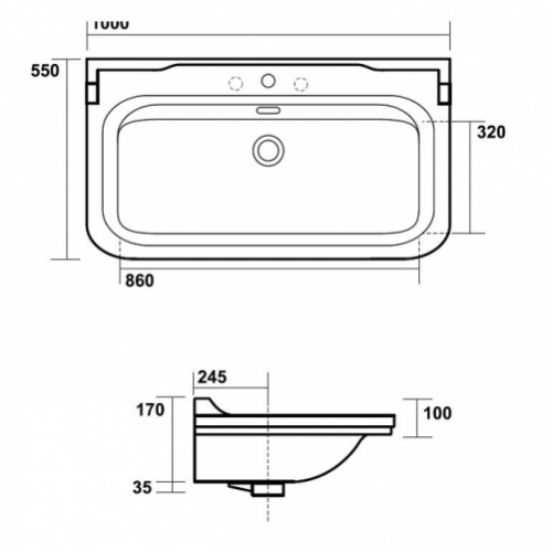 Ens. lavabo rétro 100 cm monotrou + piètement chromé WALDORF Côtes wd10055 10155