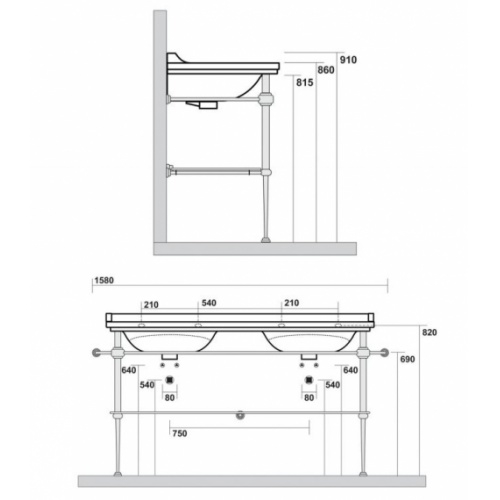 Ens. vasque double rétro 3 trous + piètement chromé WALDORF Piétement métal WD92051 Schéma