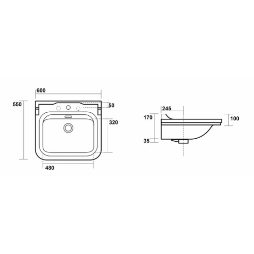 Vasque Rétro céramique WALDORF à suspendre 60 cm - 3 trous Côtes wd6045b