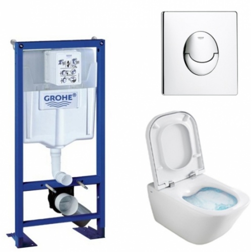 Pack WC Grohe Rapid SL + Cuvette GAP Cleanrim Roca + Plaque Chromée