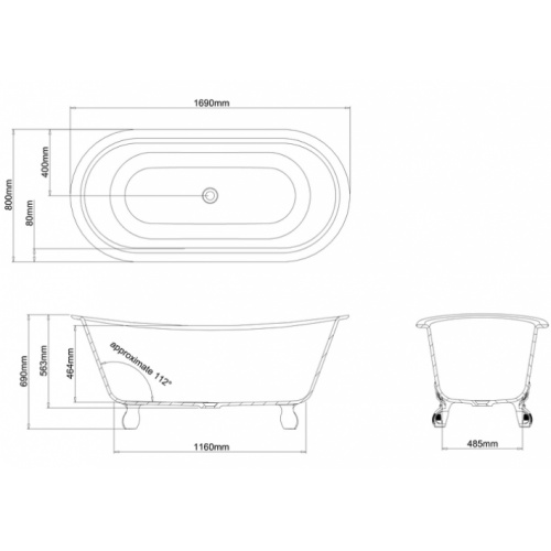 Baignoire à poser CLEARWATER Batello Grande - Pieds Blancs Batello grande n10cs cotes