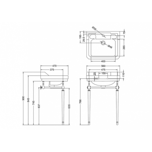 Piétement pour vasque Burlington 560/580 Gold/Or Edouardien 56 cm + console burlington