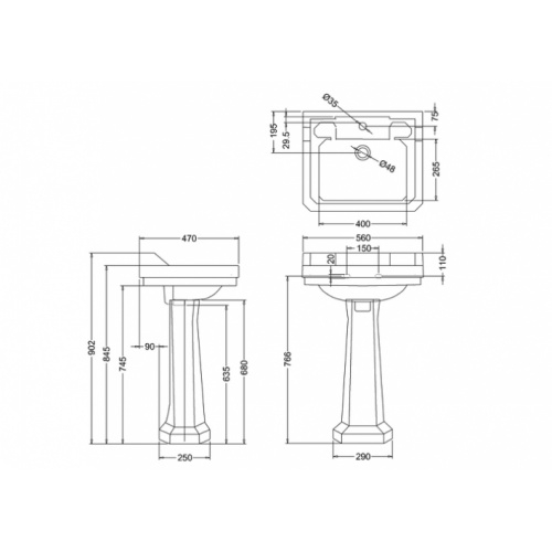 Vasque rectangulaire et colonne Edouardien BURLINGTON 56 cm Vasque rectangulaire + colonne edouardien burlington b4 + p1