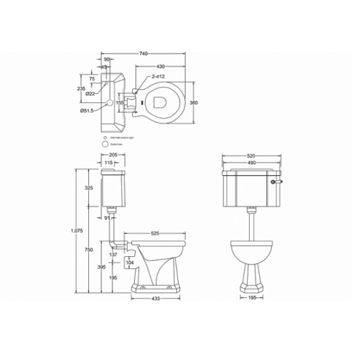 WC BURLINGTON avec levier de réservoir en céramique Taille basse 520 - Abattant frein de chute Acajou Wc taille basse levier p2+c1 burlington côtes