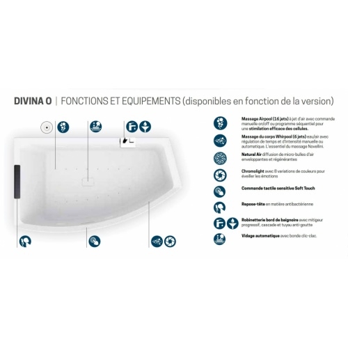 Baignoire asymétrique DIVINA O Hydro Plus Blanc Mat - Sans robinetterie - Version Gauche Fonctions et équipements DIVINA O Hydro Plus