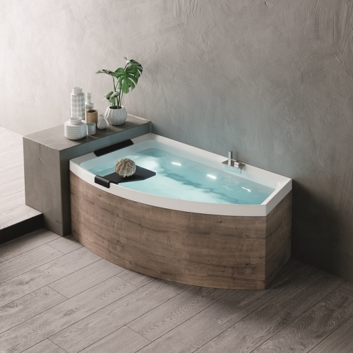 Baignoire asymétrique DIVINA O Hydro Plus Tablier bois - Sans robinetterie - Version Gauche