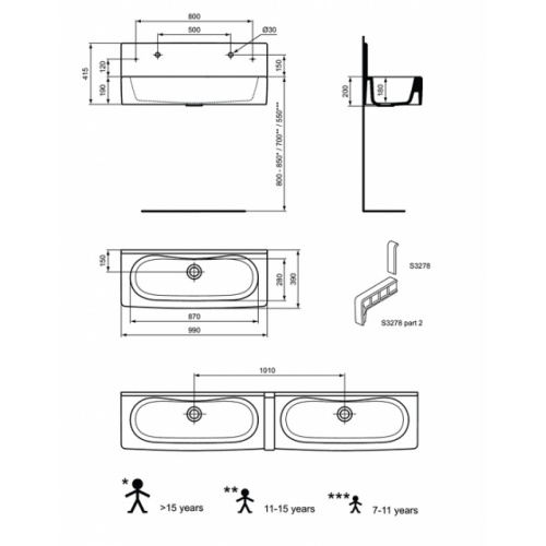 Batterie de lavabos avec dosseret - PORCHER Porcher lavabo contour 21 s327501+s327601+s327801+d5870aa+d5705ac (1)