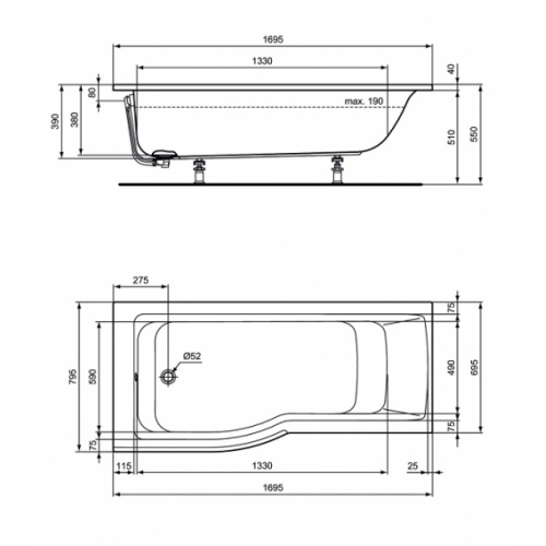Baignoire-douche asymétrique CONNECT AIR - Version Gauche Idealstandard baignoire asymétrique connect air gauche e113401 côtes