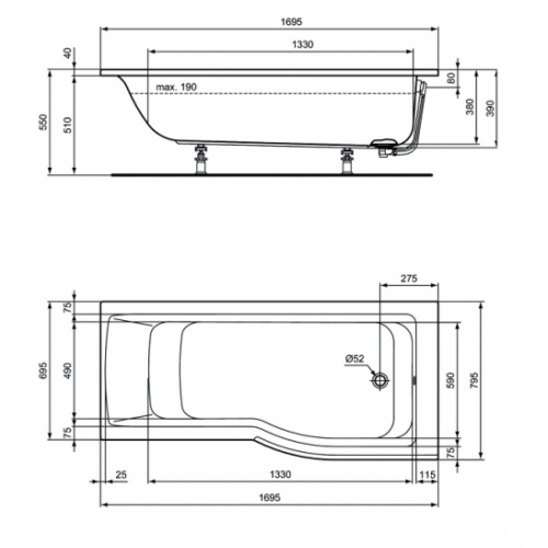 Baignoire-douche asymétrique CONNECT AIR - Version Droite Idealstandard baignoire asymétrique connect air droite e113501 côtes