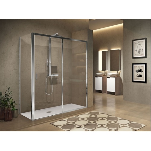 Paroi de douche sans seuil 1 porte coulissante+1 fixe LUNES 2.0 2PH 170 cm- Transparent - Chromé - Ouv Droite