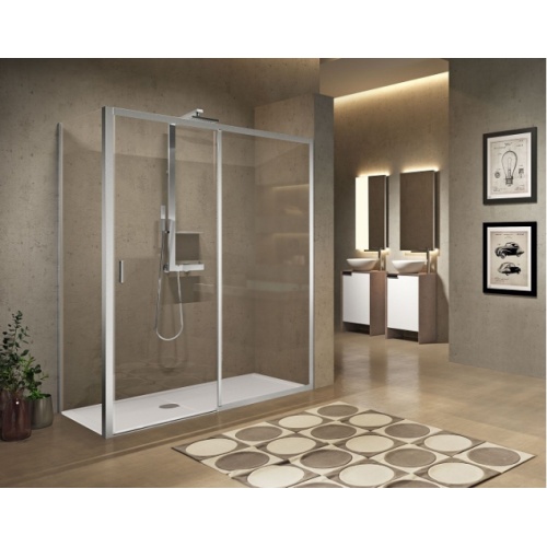 Paroi de douche sans seuil 1 porte coulissante+1 fixe LUNES 2.0 2PH 115 cm- Transparent - Silver - Ouv Droite