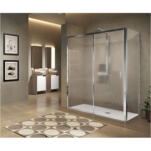 Paroi de douche sans seuil 1 porte coulissante+1 fixe LUNES 2.0 2PH 170 cm- Sérigraphié - Chromé - Ouv Gauche