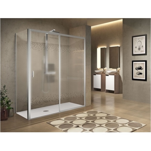 Paroi de douche sans seuil 1 porte coulissante+1 fixe LUNES 2.0 2PH 105 cm- Sérigraphié - Silver - Ouv Droite