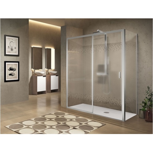 Paroi de douche sans seuil 1 porte coulissante+1 fixe LUNES 2.0 2PH 105 cm- Sérigraphié - Silver - Ouv Gauche