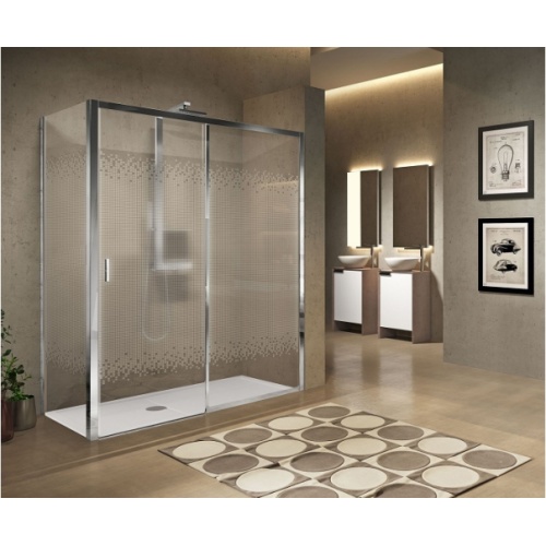 Paroi de douche sans seuil 1 porte coulissante+1 fixe LUNES 2.0 2PH 100 cm- Sérigraphié - Chromé - Ouv Droite