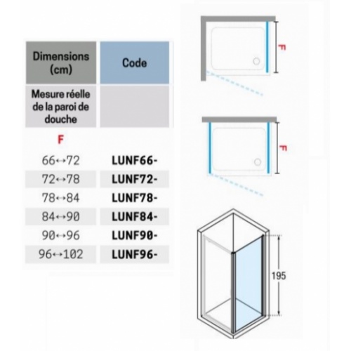 Paroi fixe latérale LUNES 2.0 F 90 cm - Transparent - Silver LUNES 2.0 F Dimensions