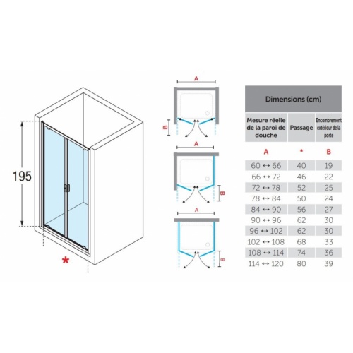 Paroi 2 portes battantes LUNES 2.0 B 65 cm - Transparent - Silver LUNES 2.0 B Dimensions et Schémas