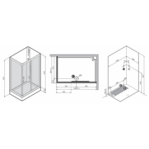 Cabine de douche CARAT 120x80 cm Thermostatique - Version Droite CARAT 120x80 DROITE Schéma