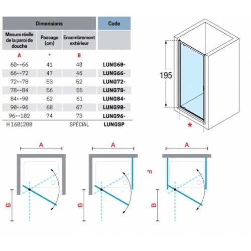 Porte de douche pivotante LUNES 2.0 G 65 cm - Transparent - Silver LUNES 2.0 G Dimensions