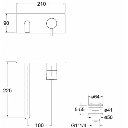 Mitigeur lavabo mural WHITEMAT Triverde - Saillie 225 mm Tv27824 schéma