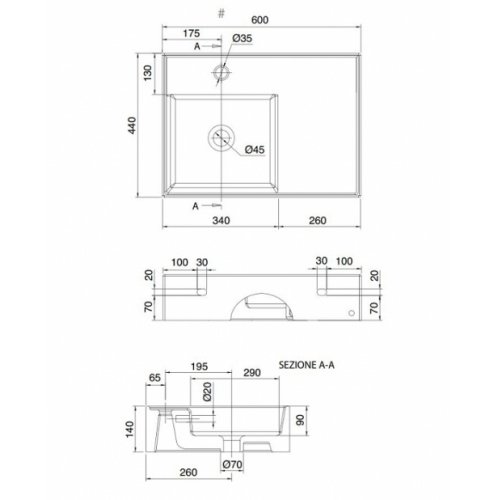 Vasque à poser ou suspendue TEOREMA 2.0 60 cm - Vasque à Gauche Teorema2 5114 schéma