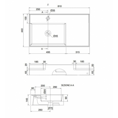 Vasque à poser ou suspendue TEOREMA 2.0 80 cm - Vasque à Gauche Teorema2 5115 schéma
