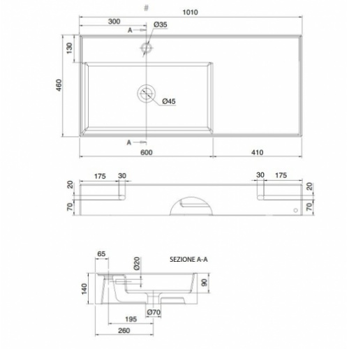 Vasque à poser ou suspendue TEOREMA 2.0 100 cm - Vasque à Gauche 0 5119 schéma