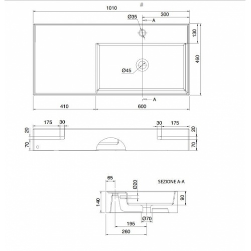 Vasque à poser ou suspendue TEOREMA 2.0 100 cm - Vasque à Droite 0 5120 schéma